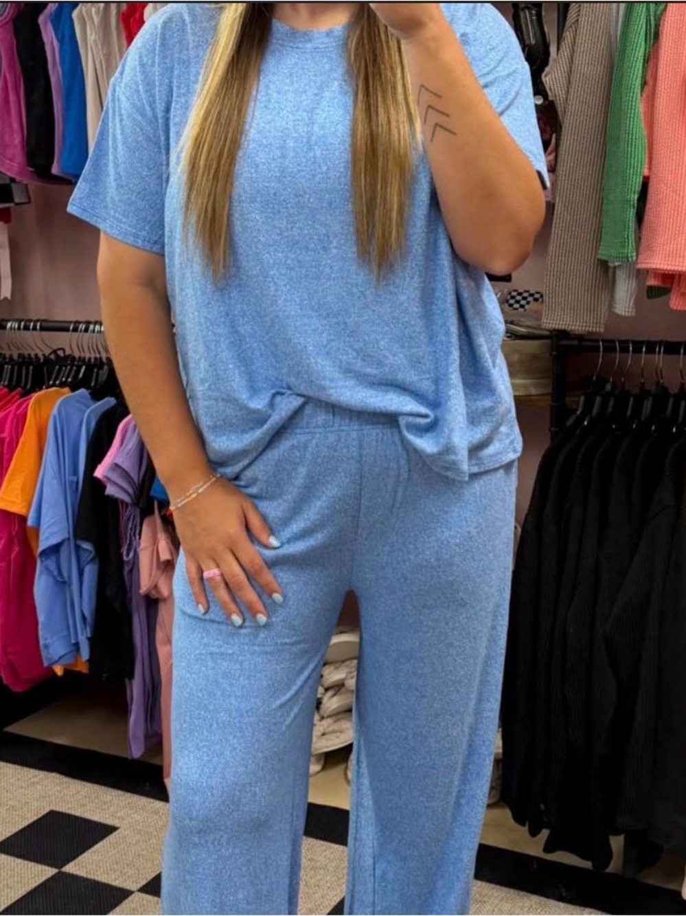 Zenana Outfitters Heathered Light Blue Lounge Set
